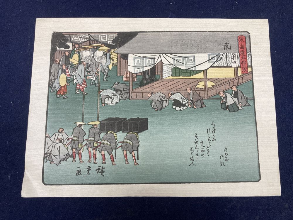 Two Japanese woodblock prints, 21 x 28cm and three painted unmounted fan leaves